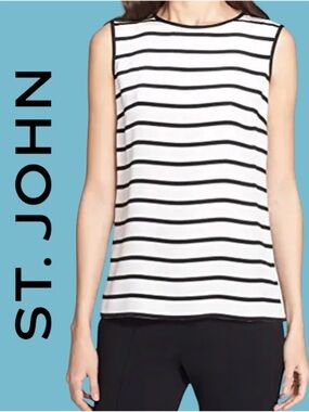 ST. JOHN • Black & White Striped Silk Tank || XL